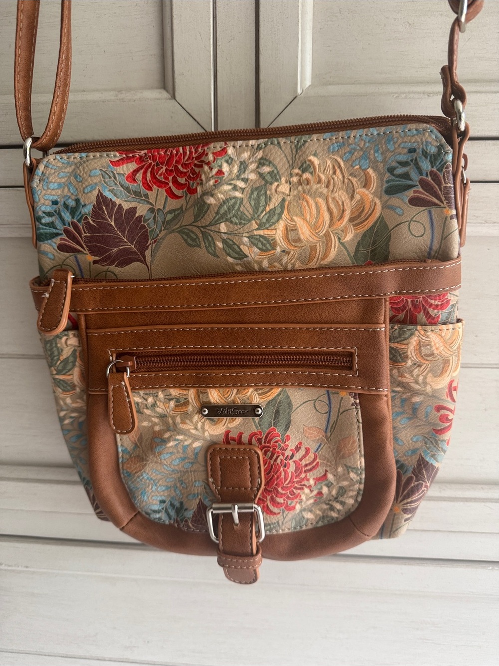 NWOT Floral Crossbody Bag with Tan Trim